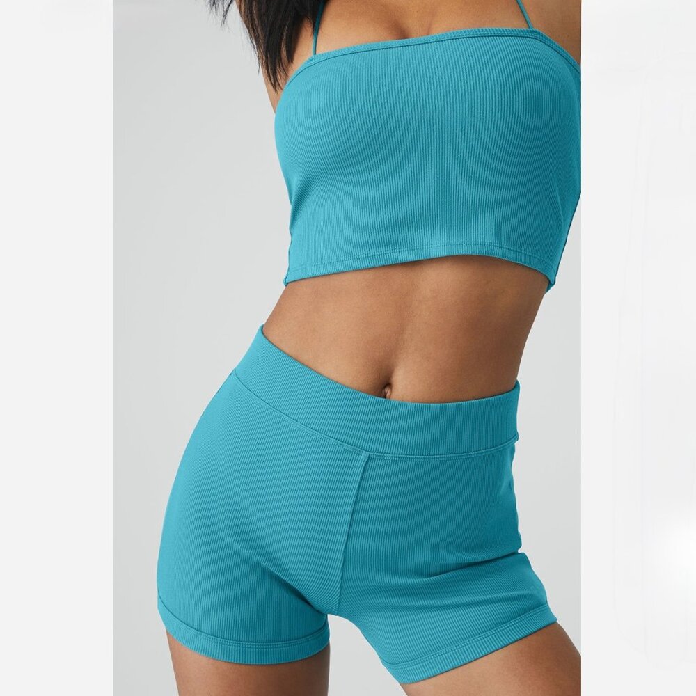 ALO Yoga Coord Goddess Ribbed Bandeau Top Ribbed High-Waist Hot Short - XS Blue